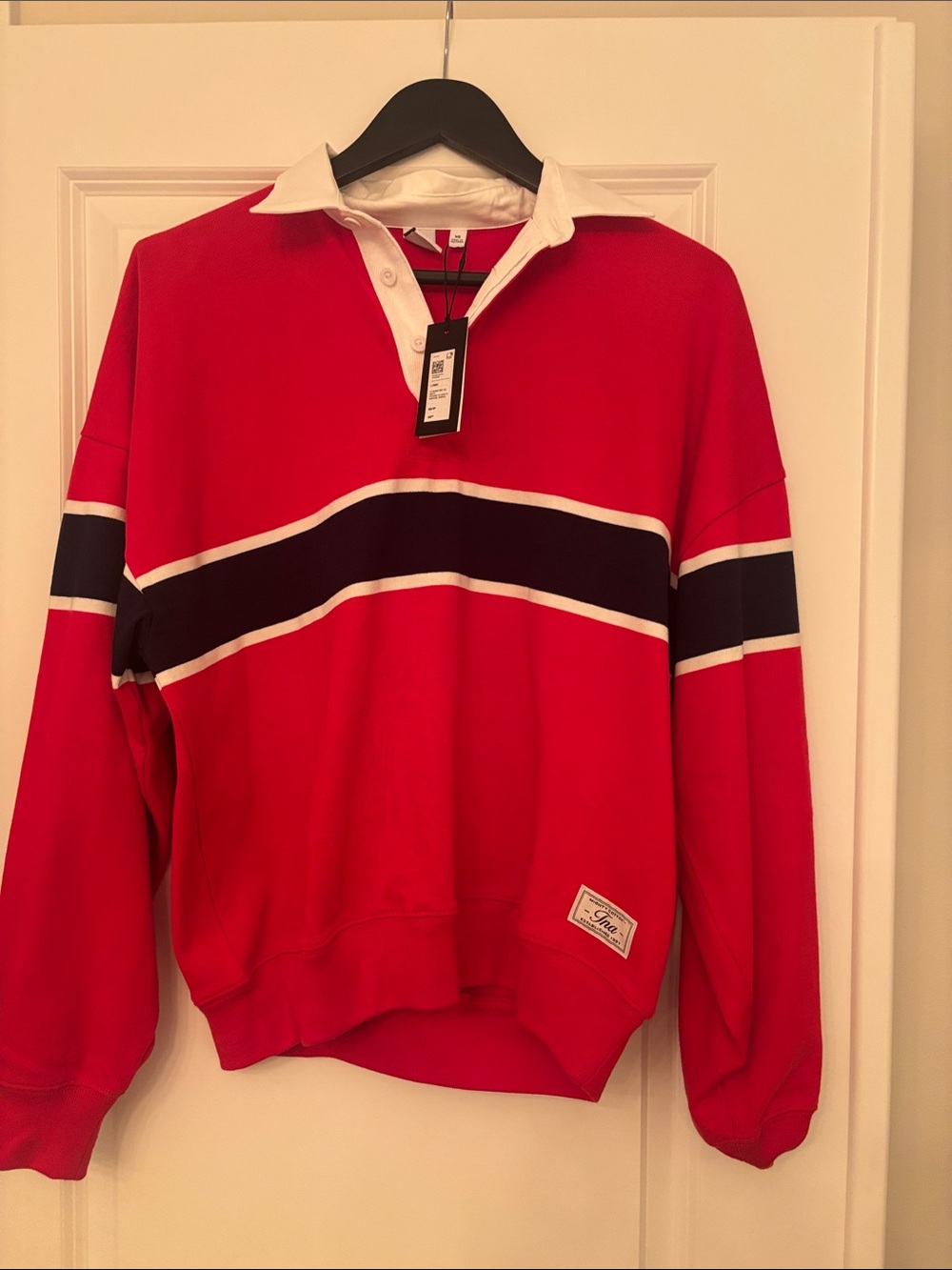 TNA Red V-Neck Rugby Sweater with White Collar and Navy Stripe